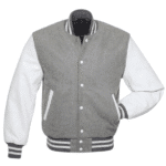 Men’s Grey Varsity Bomber Jacket with White Leather Sleeves