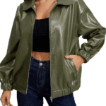 Women's Green Leather Oversized Bomber Jacket