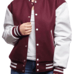 Women's Maroon Varsity Jacket with White Leather Sleeves