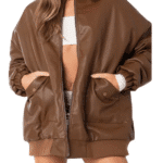 Women's Oversized Brown Leather Bomber Jacket