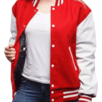 Women's Red Varsity Jacket with White Leather Sleeves