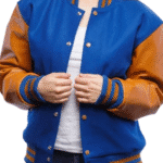 Women's Royal Blue Varsity Jacket with Tan Leather Sleeves
