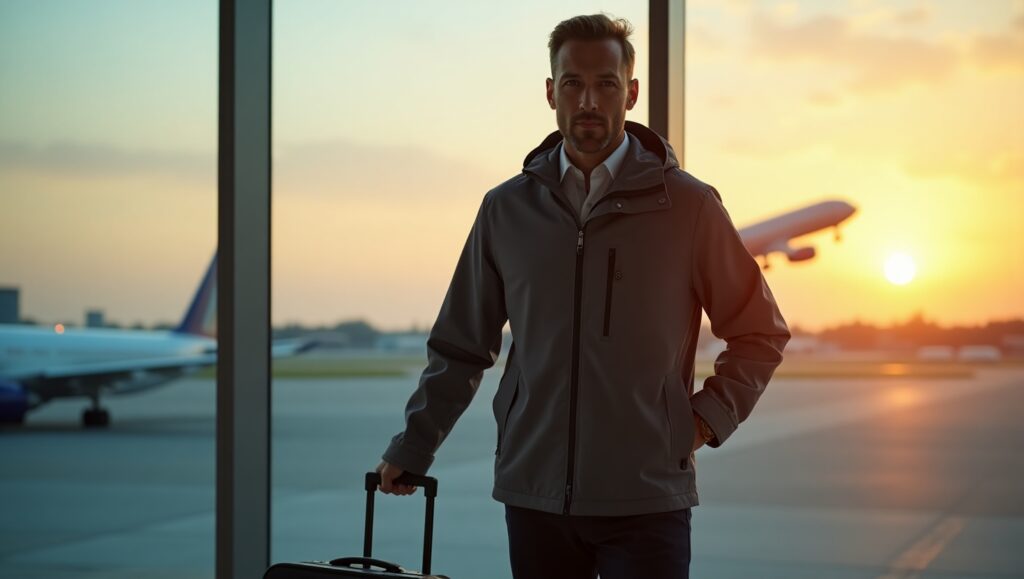 Traveler wearing a stylish and weather-resistant jacket at an airport with a suitcase, ready for an adventure