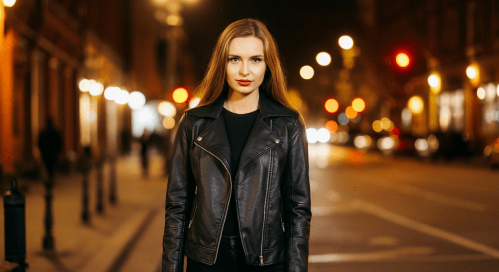 A stylish woman in a sleek leather jacket posing in an urban setting, exuding confidence and elegance.