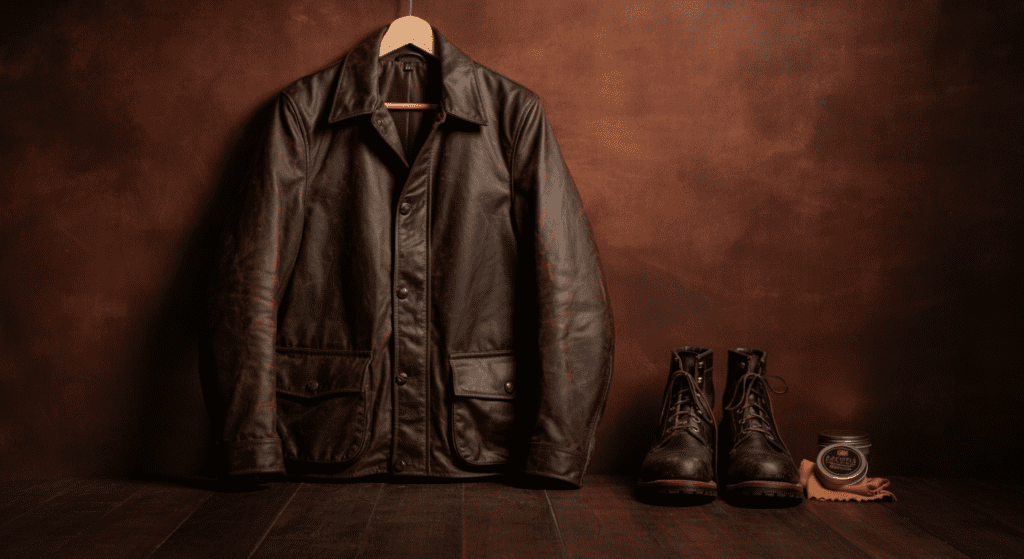 Waxed leather jacket and boots with a tin of leather wax on a rustic wooden surface, highlighting durability and timeless style.