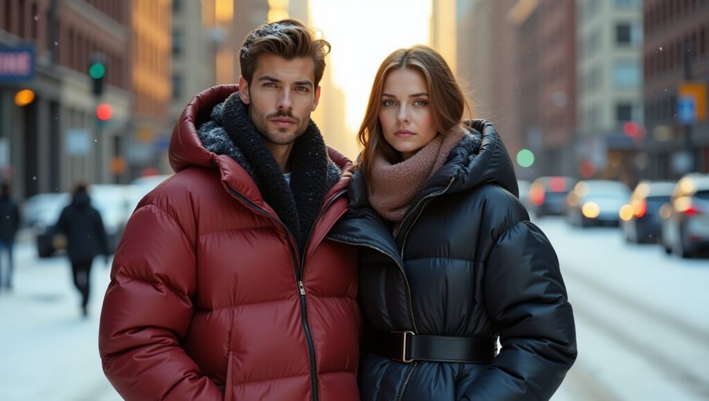 Man and woman wearing fashionable puffer jackets in a snowy city setting; woman in white oversized style, man in matte belted jacket.